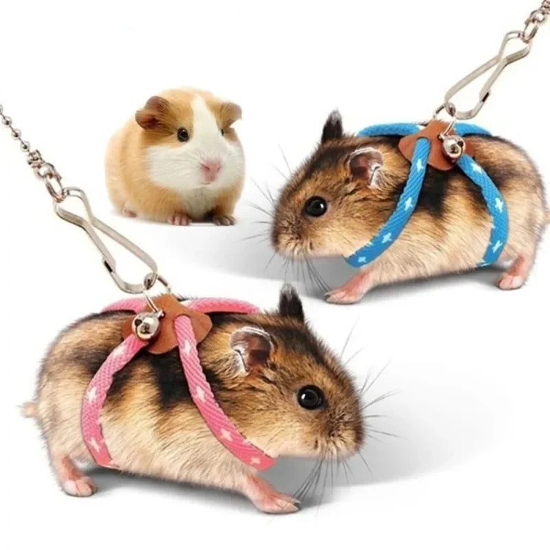 Arnés con Correa y Cascabel para Hámsters, Ratones, Hurones y Roedores — Suave, Ajustable, Azul y Rosa