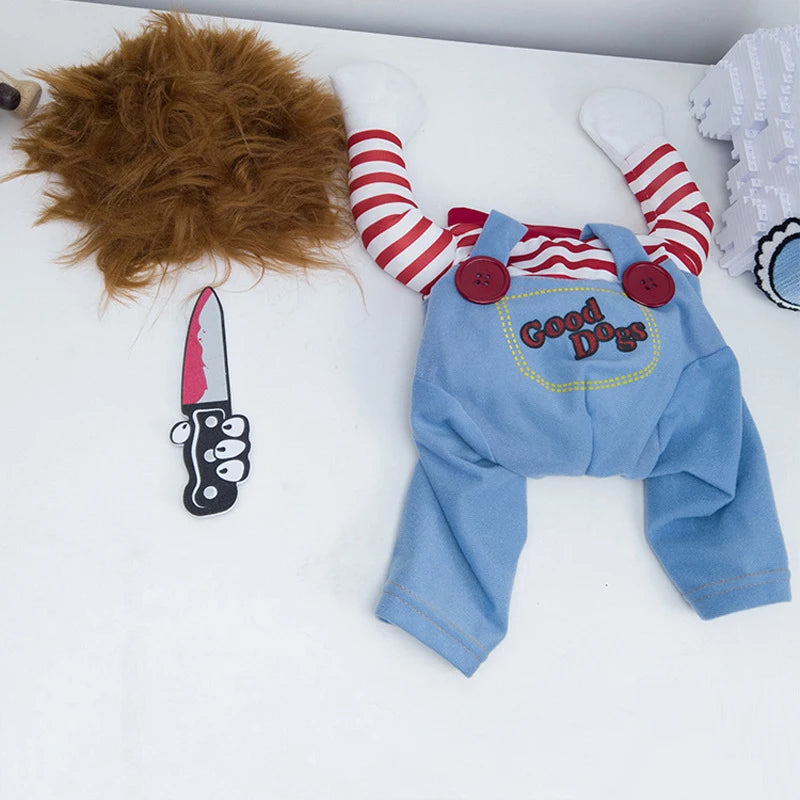 Set Disfraz de Muñeca Diabólica para Perros y Gatos – Sudadera, Gorro y Cuchillo de Espuma | Tallas S a XL