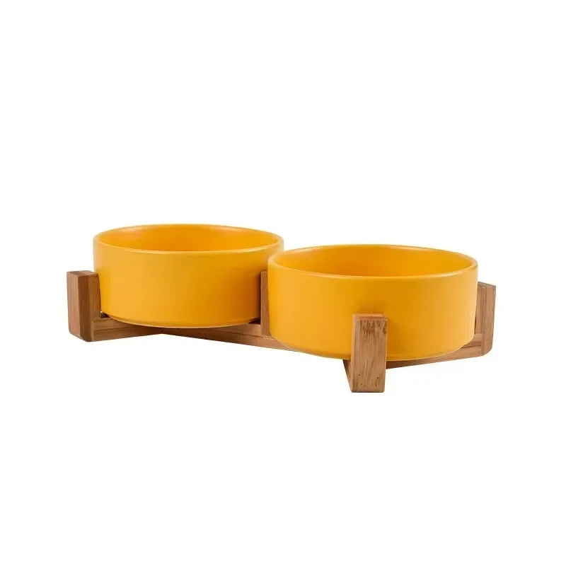 Cuenco de Cerámica con Soporte de Bambú para Gatos y Perros – Antiderrame, 300 ml y 400 ml