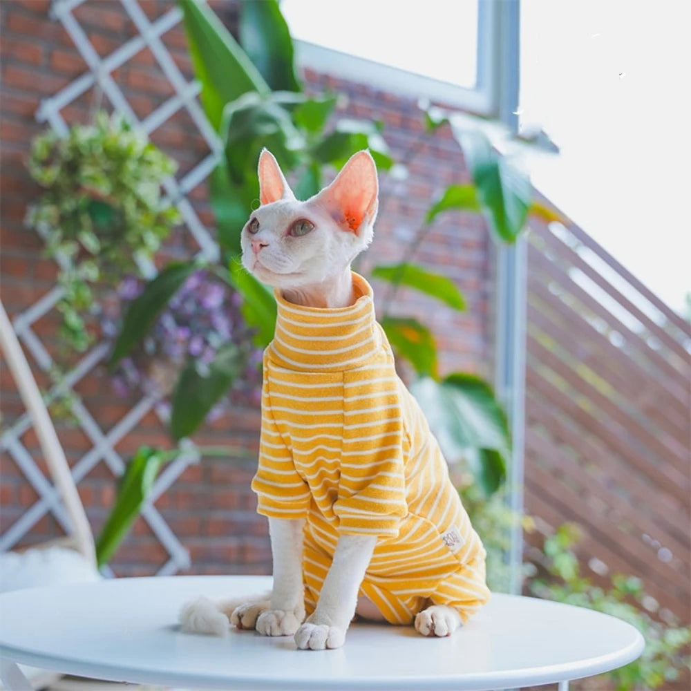 Winter Clothes For Cat, Striped Cotton 4-legged Coat For Sphynx, Long Sleeves Undershirt For Kittens, Devon Rex Warm Jumpsuit