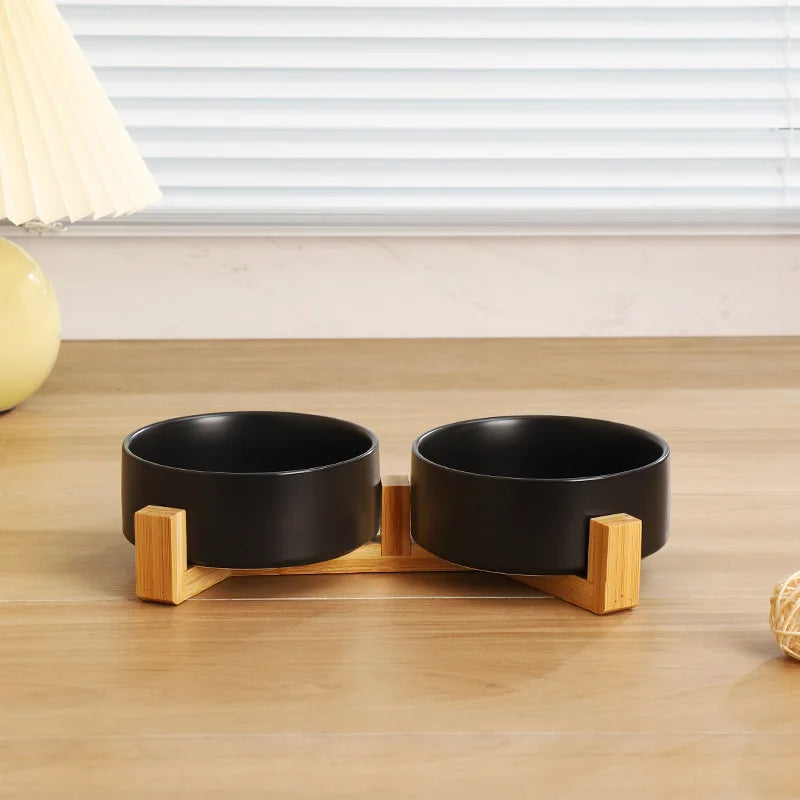 Cuenco de Cerámica con Soporte de Bambú para Gatos y Perros – Antiderrame, 300 ml y 400 ml