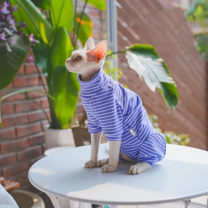 Winter Clothes For Cat, Striped Cotton 4-legged Coat For Sphynx, Long Sleeves Undershirt For Kittens, Devon Rex Warm Jumpsuit