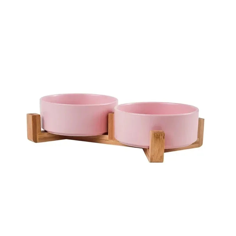 Cuenco de Cerámica con Soporte de Bambú para Gatos y Perros – Antiderrame, 300 ml y 400 ml
