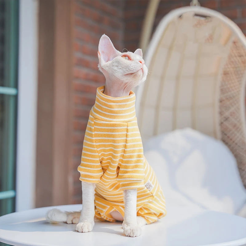 Winter Clothes For Cat, Striped Cotton 4-legged Coat For Sphynx, Long Sleeves Undershirt For Kittens, Devon Rex Warm Jumpsuit