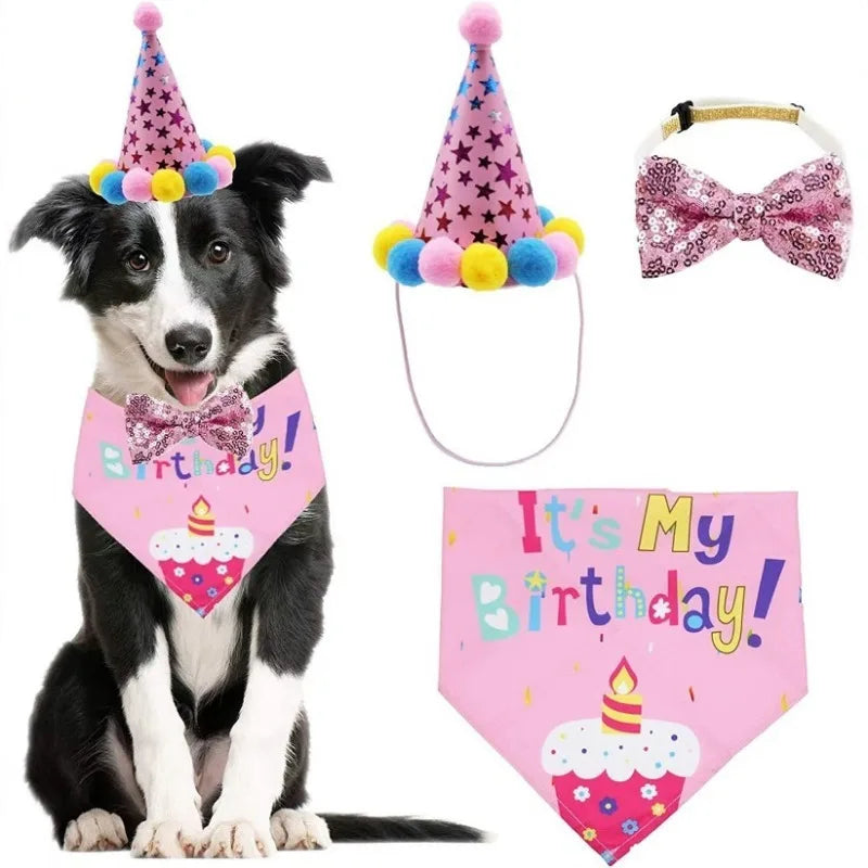 Set de Cumpleaños para Perros y Gatos | Bandana, Gorro y Pajarita