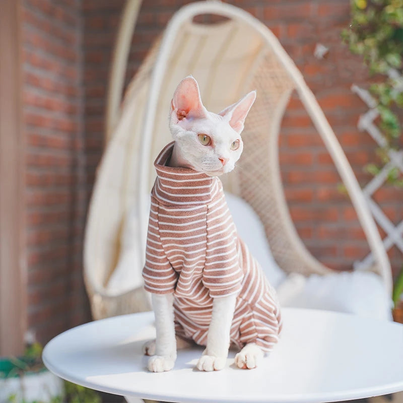 Winter Clothes For Cat, Striped Cotton 4-legged Coat For Sphynx, Long Sleeves Undershirt For Kittens, Devon Rex Warm Jumpsuit