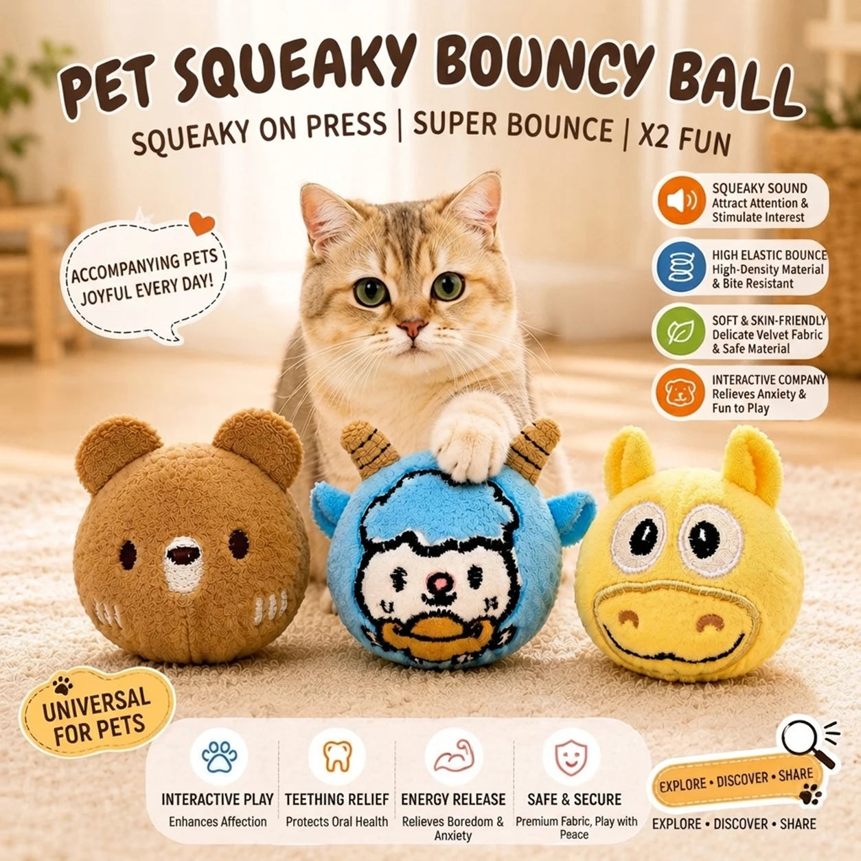 Pelota de Peluche con Rebote para Perros y Gatos Pequeños y Medianos - Diseño Divertido