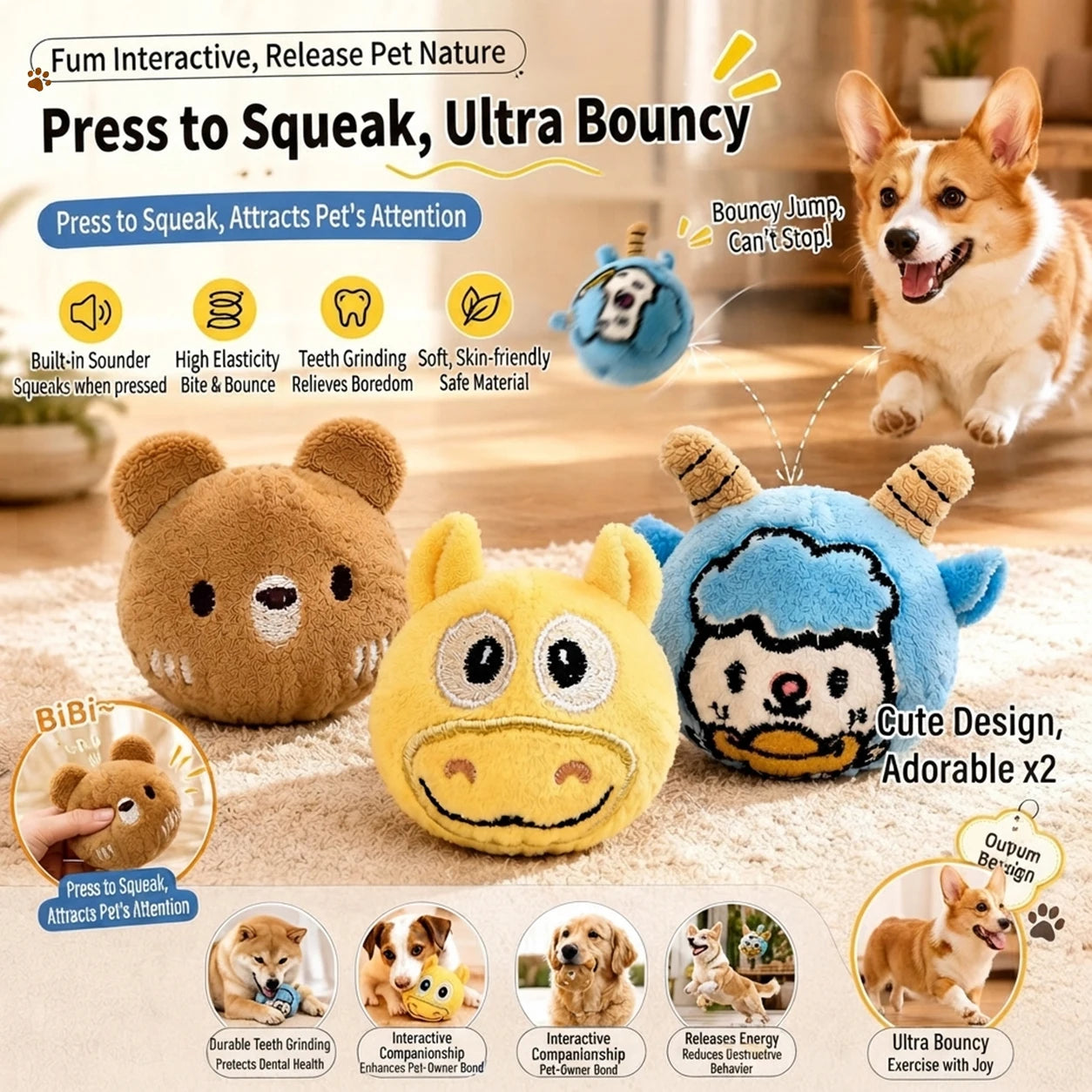 Pelota de Peluche con Rebote para Perros y Gatos Pequeños y Medianos - Diseño Divertido