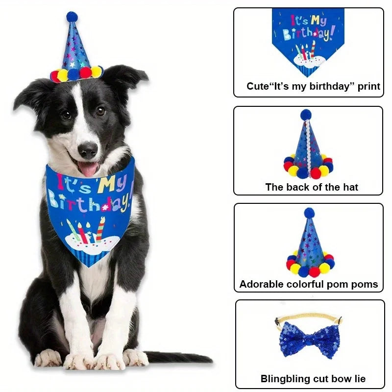 Set de Cumpleaños para Perros y Gatos | Bandana, Gorro y Pajarita