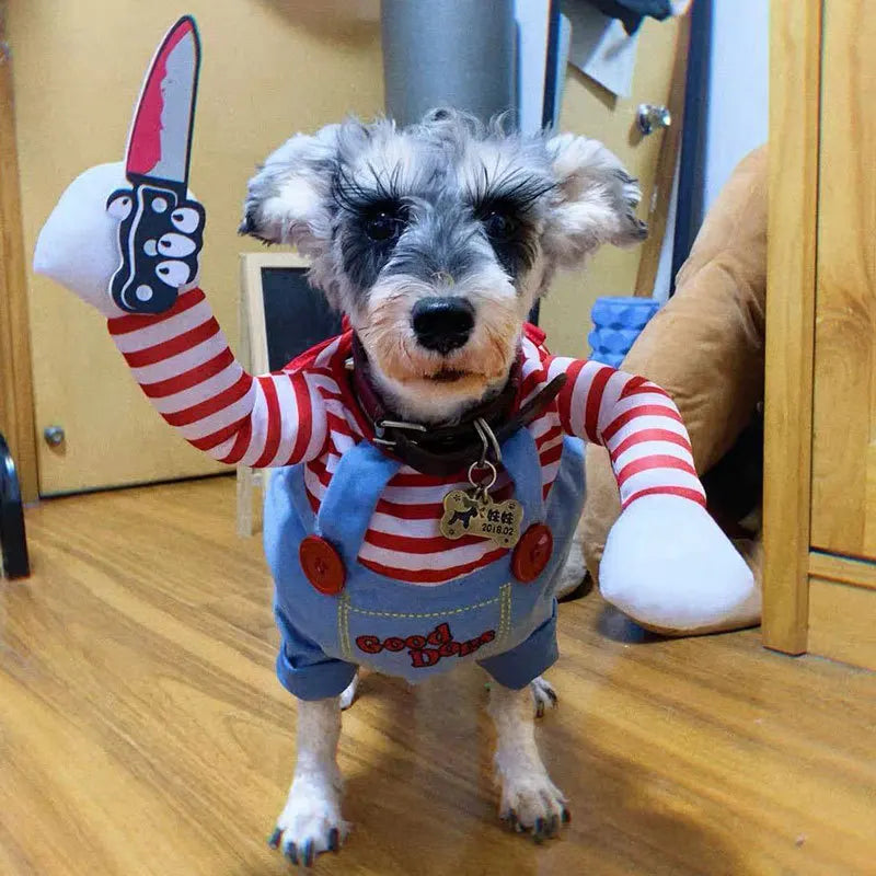 Set Disfraz de Muñeca Diabólica para Perros y Gatos – Sudadera, Gorro y Cuchillo de Espuma | Tallas S a XL