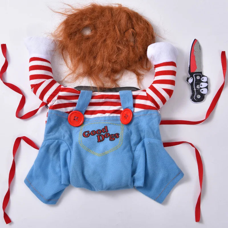 Set Disfraz de Muñeca Diabólica para Perros y Gatos – Sudadera, Gorro y Cuchillo de Espuma | Tallas S a XL