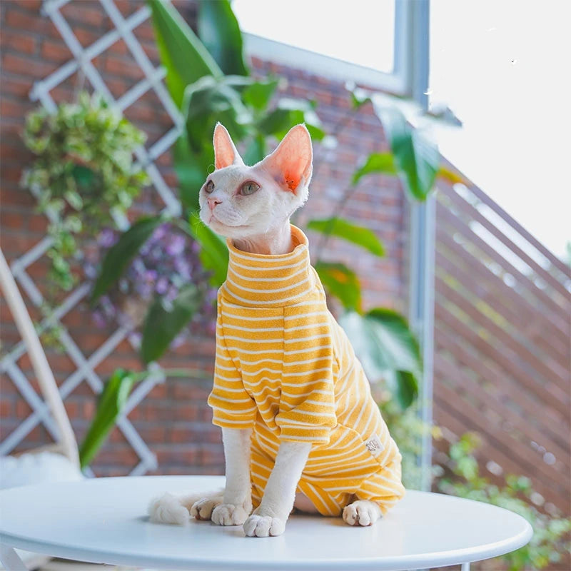 Winter Clothes For Cat, Striped Cotton 4-legged Coat For Sphynx, Long Sleeves Undershirt For Kittens, Devon Rex Warm Jumpsuit