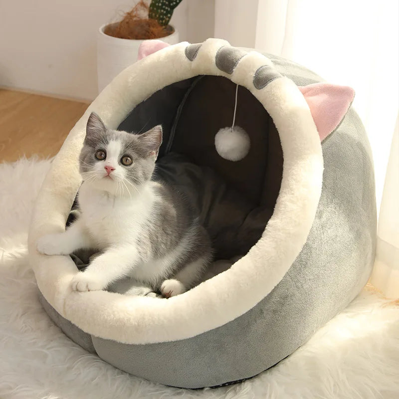Cama Cueva para Gatos – Diseño con Orejas, Cojín Extraíble y Pompom