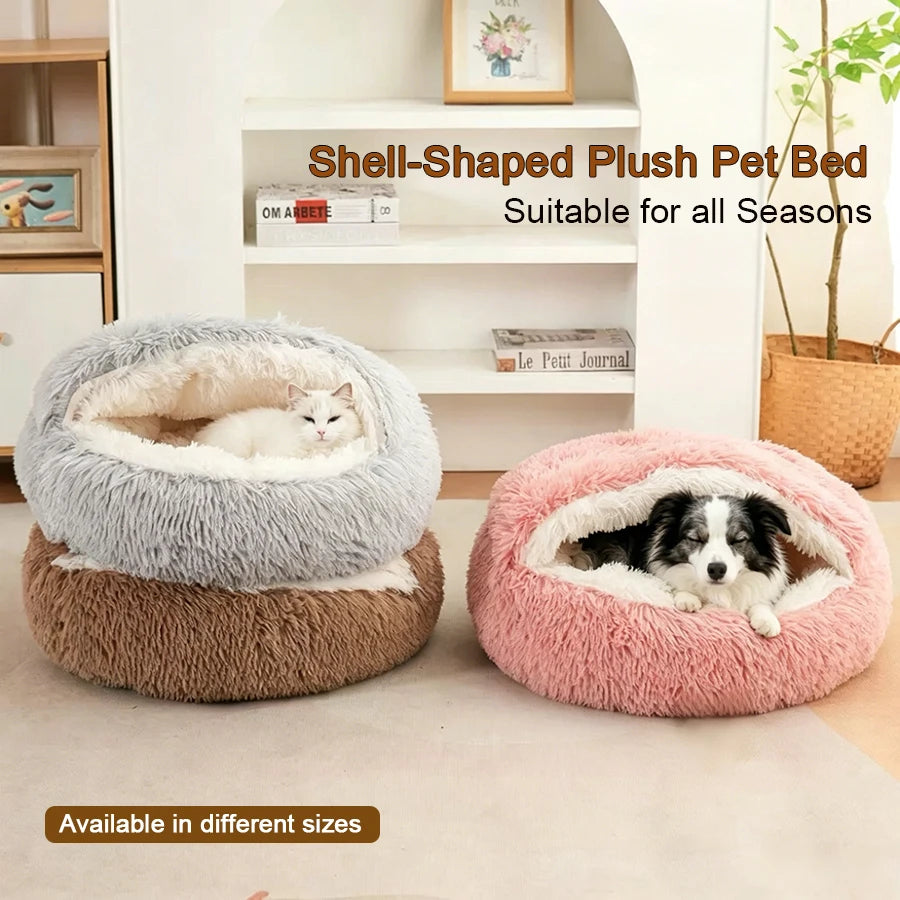 Cama Redonda Semiabierta Tipo Concha para Gatos y Perros Pequeños – 2 en 1, Felpa Cálida, S, M y L