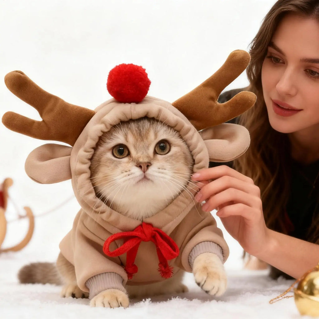 Disfraz de Reno con Orejas 3D para Perros y Gatos – Sudadera Navideña de Invierno | Tallas S, M y L
