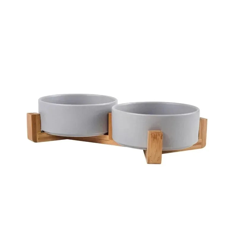 Cuenco de Cerámica con Soporte de Bambú para Gatos y Perros – Antiderrame, 300 ml y 400 ml