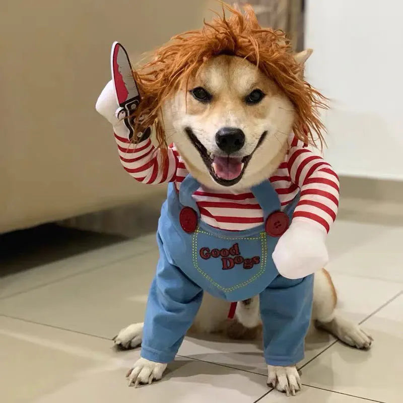 Set Disfraz de Muñeca Diabólica para Perros y Gatos – Sudadera, Gorro y Cuchillo de Espuma | Tallas S a XL