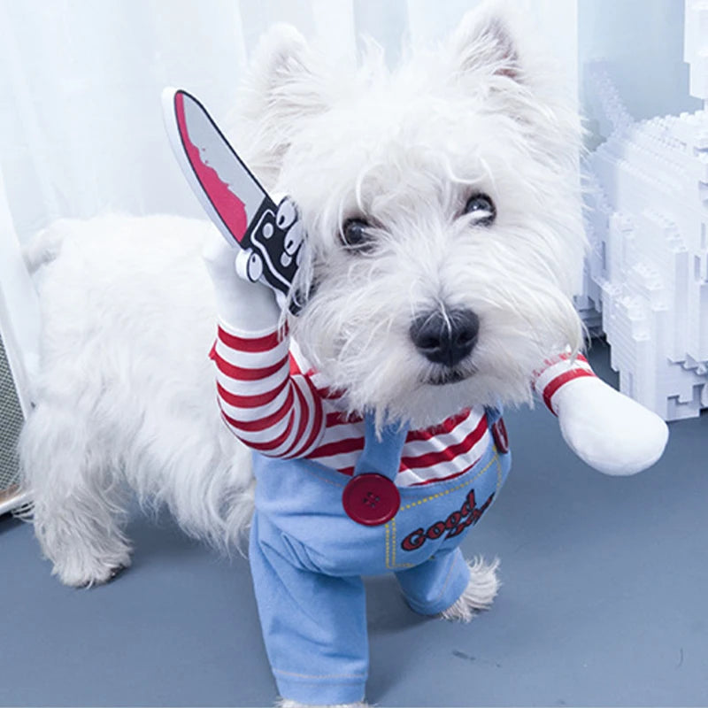Set Disfraz de Muñeca Diabólica para Perros y Gatos – Sudadera, Gorro y Cuchillo de Espuma | Tallas S a XL