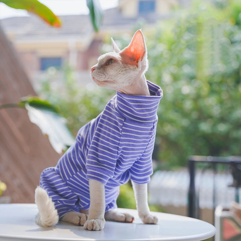 Winter Clothes For Cat, Striped Cotton 4-legged Coat For Sphynx, Long Sleeves Undershirt For Kittens, Devon Rex Warm Jumpsuit